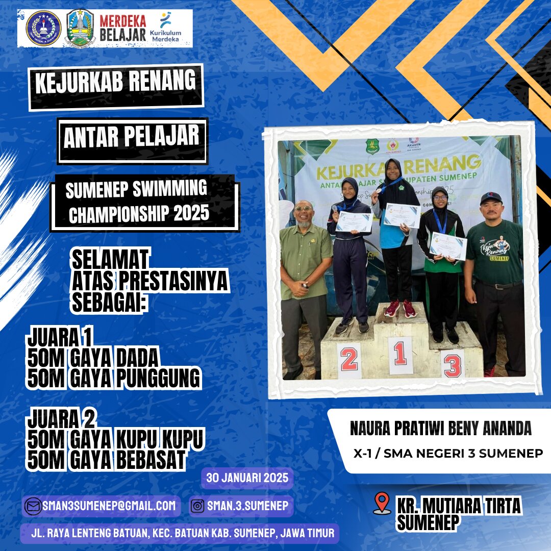 Kejurkab Renang Antar Pelajar 2025 -Juara 1  - 50m Gaya Dada Putri dan 50m Gaya Punggung Putri dan Juara 2 50m Gaya Kupu-kupu Putri dan Gaya Bebas Putri